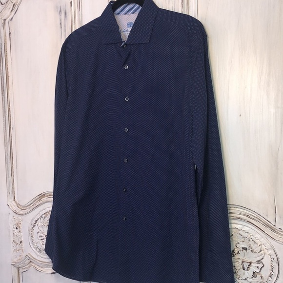 Men’s Mickelsons London Slim Fit Stretch Navy Dot Long Sleeve Dress Shirt Size L - Picture 3 of 10